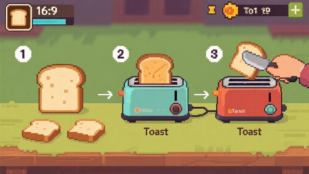 Step-by-step toast cooking process in game style, showing bread selection, toasting timing, and flipping technique high quality illustration, detailed, 16:9