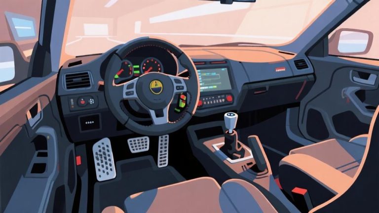 自动生成图片: Detailed car cockpit view showing steering wheel, gear shift, and pedals in a driving simulator setup, soft lighting, professional gaming equipment high quality illustration, detailed, 16:9