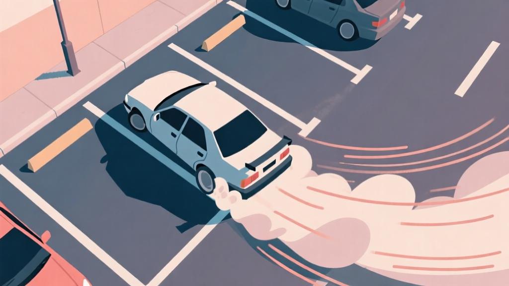 Sequential illustration showing car drifting into parking spot with motion lines, top-down view, soft colors showing vehicle trajectory high quality illustration, detailed, 16:9