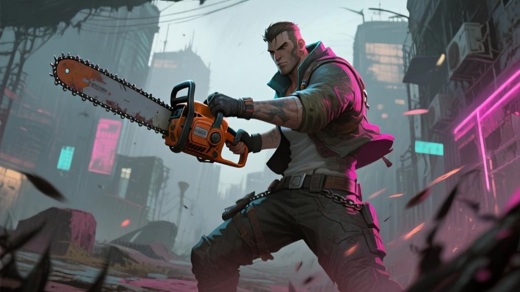 Game character holding chainsaw in post-apocalyptic city environment, dynamic action pose, muted color palette with neon accents, detailed character design high quality illustration, detailed, 16:9