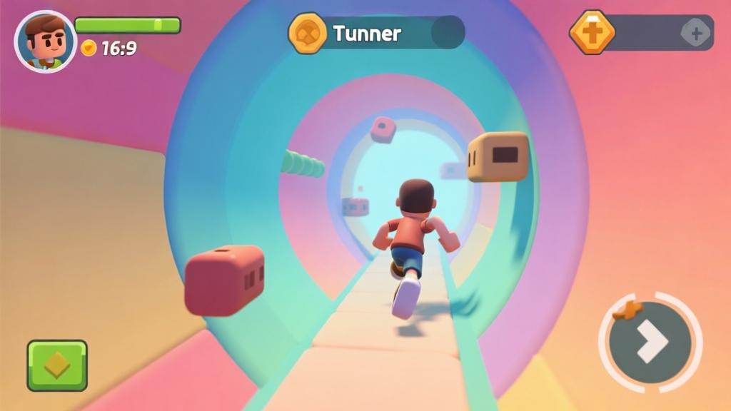 Game interface screenshot of Tunnel Runner showing character running through colorful tunnel with obstacles, minimalist 3D graphics style, soft color palette with gradient backgrounds high quality illustration, detailed, 16:9