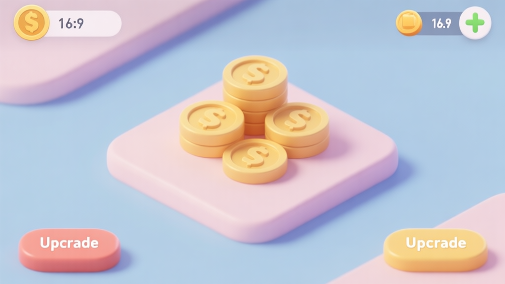 minimalist mobile game interface showing coin blocks and upgrade buttons, soft pastel colors, clean layout high quality illustration, detailed, 16:9
