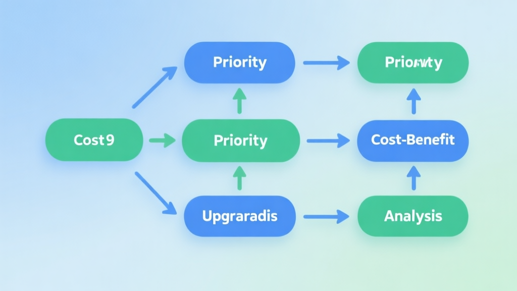 upgrade priority flowchart showing cost-benefit analysis, connected nodes with arrows, soft blue and green color scheme high quality illustration, detailed, 16:9