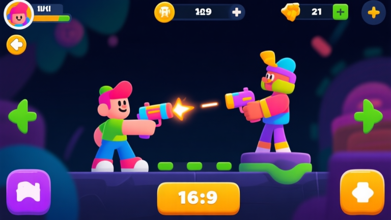 自动生成图片: Colorful mobile game interface showing character swapping and shooting mechanics, vibrant game elements on dark background, modern cartoon style high quality illustration, detailed, 16:9