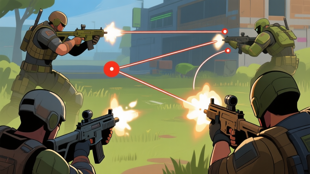 Game screenshot showing different shooting techniques with trajectory lines, highlighting weak points on enemy characters high quality illustration, detailed, 16:9
