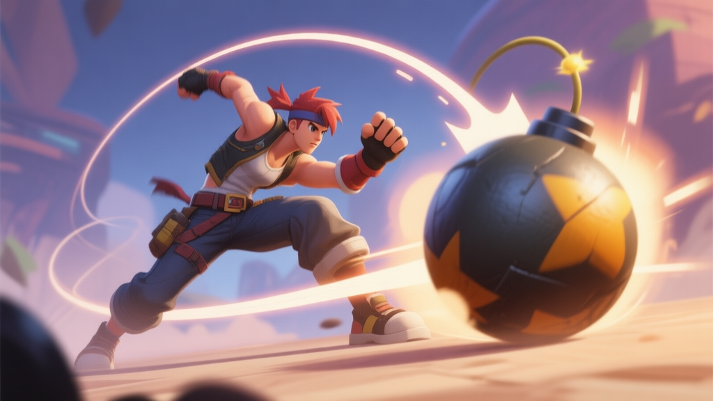 Game character performing bomb roll technique with trajectory lines showing movement path, dynamic action pose, soft gaming color palette high quality illustration, detailed, 16:9