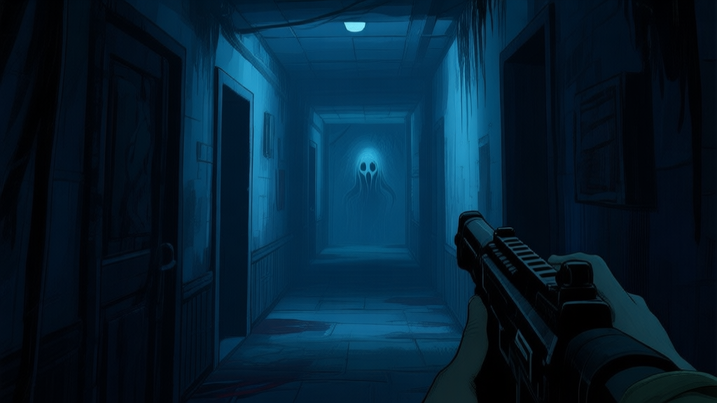 Atmospheric horror game scene with dark corridors and subtle supernatural elements, muted color palette with deep blues and shadows, first-person perspective view high quality illustration, detailed, 16:9