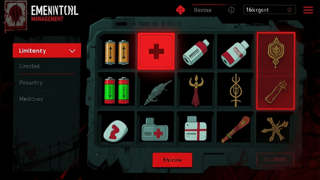 Survival horror game inventory management interface showing limited resources like batteries, medicine, and ritual items, dark UI with emergency red highlights high quality illustration, detailed, 16:9