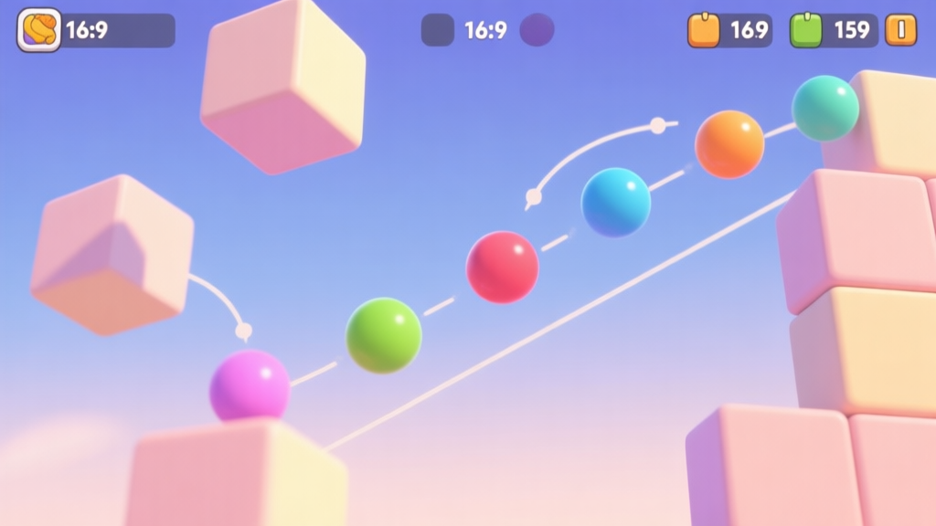 Game interface illustration showing colorful balls bouncing at different angles from blocks, with trajectory lines visible, soft pastel color palette high quality illustration, detailed, 16:9