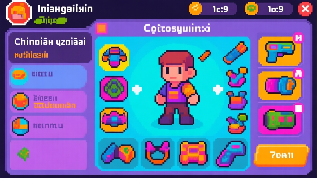 Pixel art style game interface showing character customization screen with various equipment options, vibrant colors but not too bright, Indonesian language text visible high quality illustration, detailed, 16:9