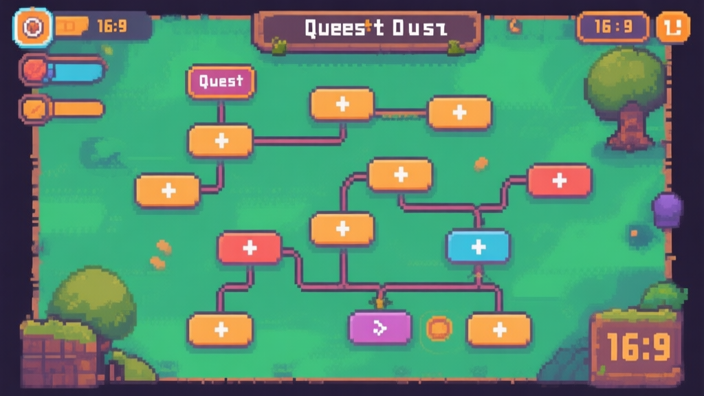 Gameplay screenshot showing branching quest paths with multiple choice options, pixel art style with clear decision tree visualization high quality illustration, detailed, 16:9