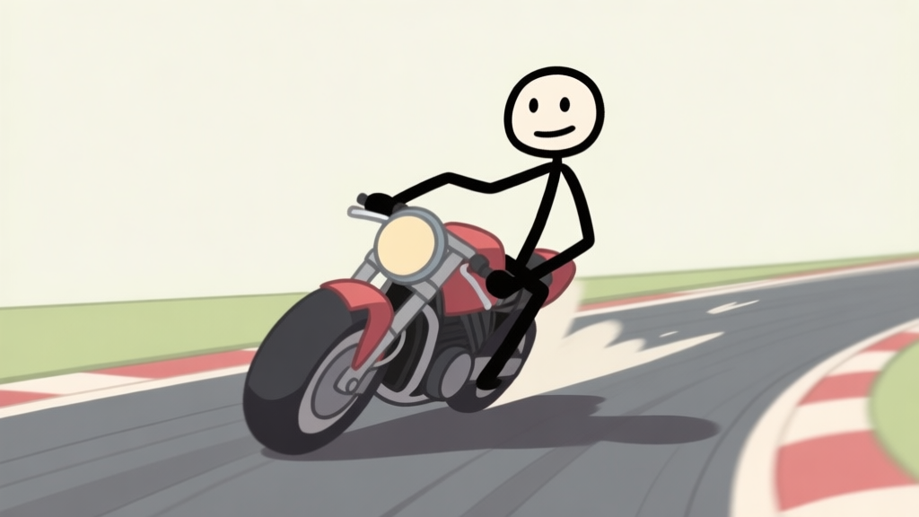 Stickman character performing motorcycle stunt on racing track, cartoon style with soft colors, dynamic action pose, simple background high quality illustration, detailed, 16:9