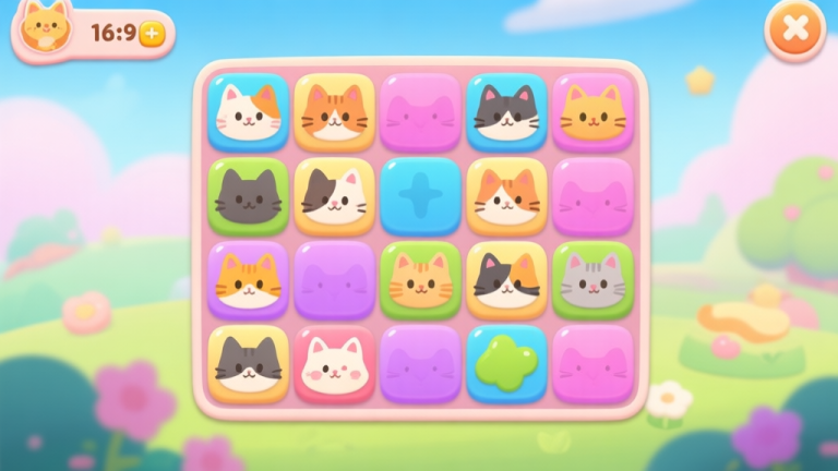 自动生成图片: Cat Lovescapes game interface showing colorful match-3 tiles with various cat characters, pastel color scheme, cute cartoon style high quality illustration, detailed, 16:9