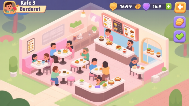 自动生成图片: Game interface of Kafe 3 Berderet showing cafe layout with customers and menu items, pastel color scheme, clean cartoon style high quality illustration, detailed, 16:9
