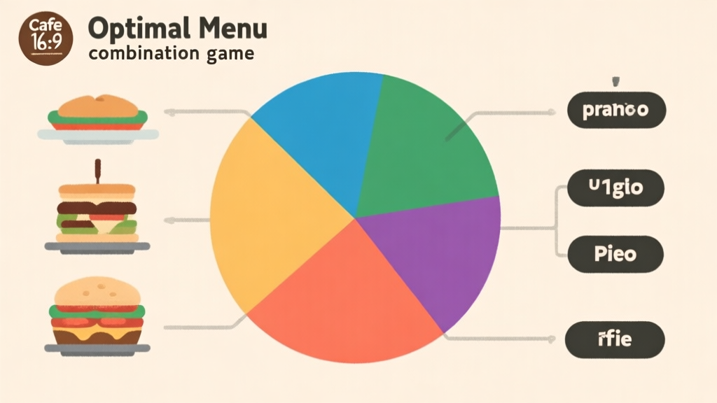 Infographic showing optimal menu combination ratios for cafe game, pie chart with different color sections, minimalist design high quality illustration, detailed, 16:9