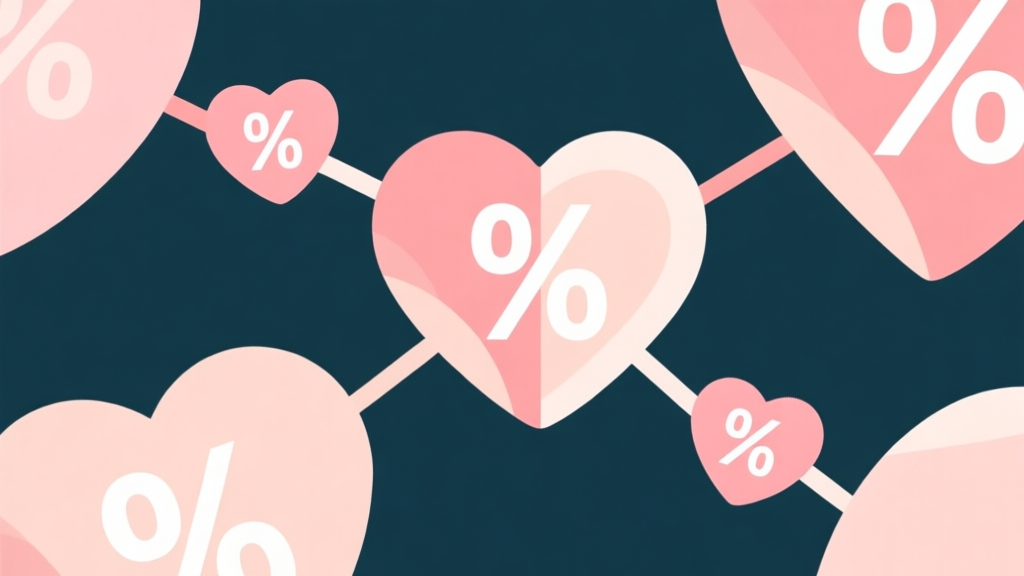 Abstract illustration of interconnected hearts with percentage symbols, soft pastel color palette, minimalist design style high quality illustration, detailed, 16:9