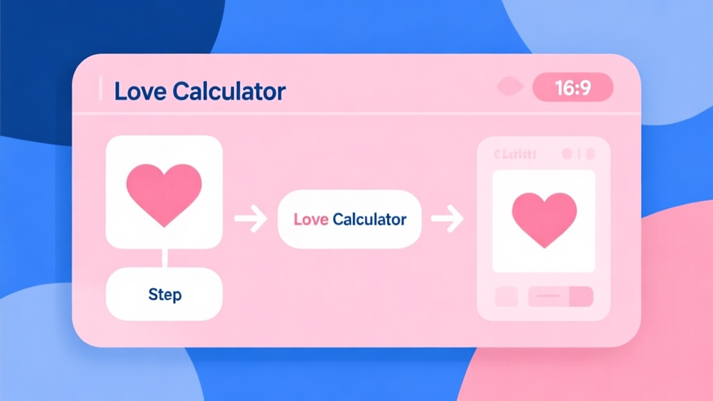 Step-by-step flowchart showing love calculator process with soft pink and blue color scheme, clean modern design high quality illustration, detailed, 16:9