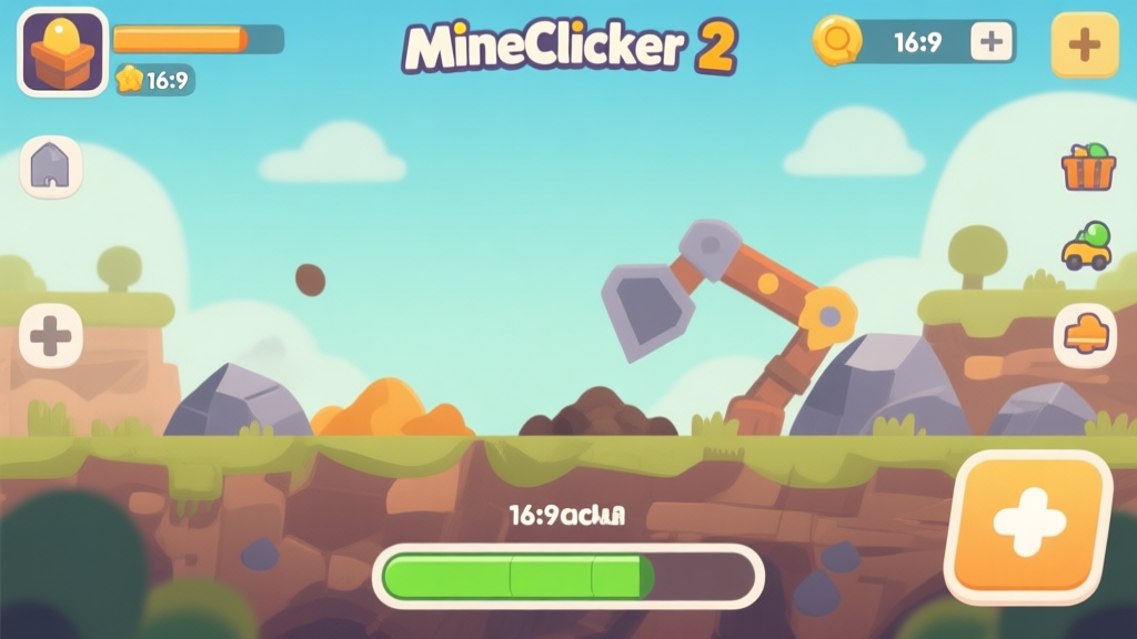 Modern mobile game interface showing MineClicker 2 gameplay with mining elements, soft color palette, clean icons and progress bars high quality illustration, detailed, 16:9