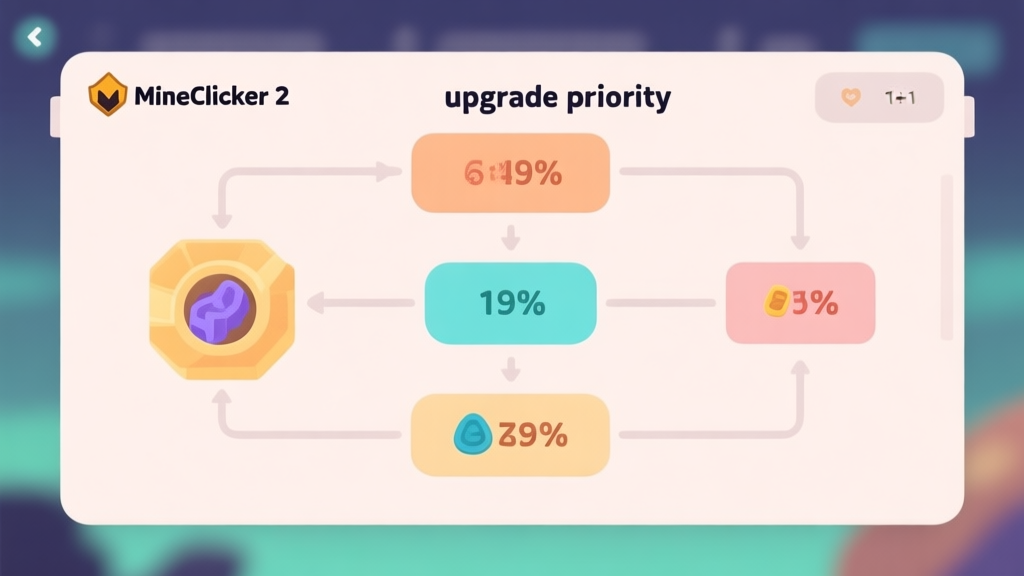 Simple upgrade priority flowchart for MineClicker 2 showing resource allocation percentages, clean minimalist design with soft colors high quality illustration, detailed, 16:9