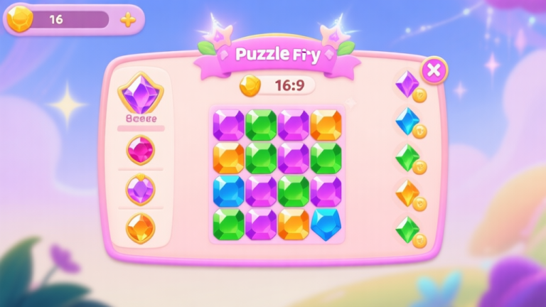 自动生成图片: Colorful game interface of Puzzle Fairy showing matching gem mechanics, pastel color palette with magical elements, clean mobile game design high quality illustration, detailed, 16:9