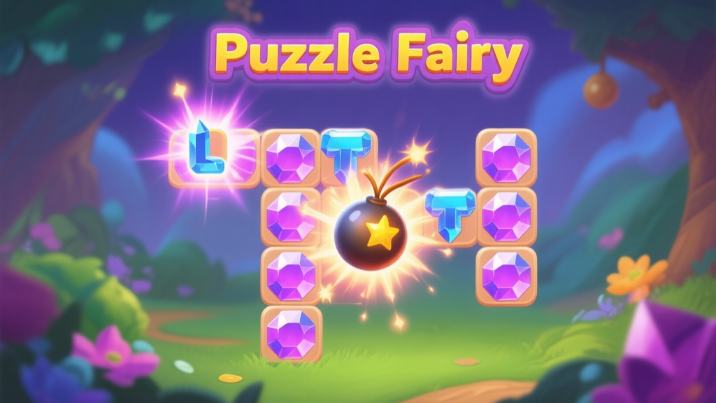 Game screenshot showing special combinations in Puzzle Fairy, L-shaped and T-shaped matches creating bomb crystals, visual effects highlighting special powers high quality illustration, detailed, 16:9