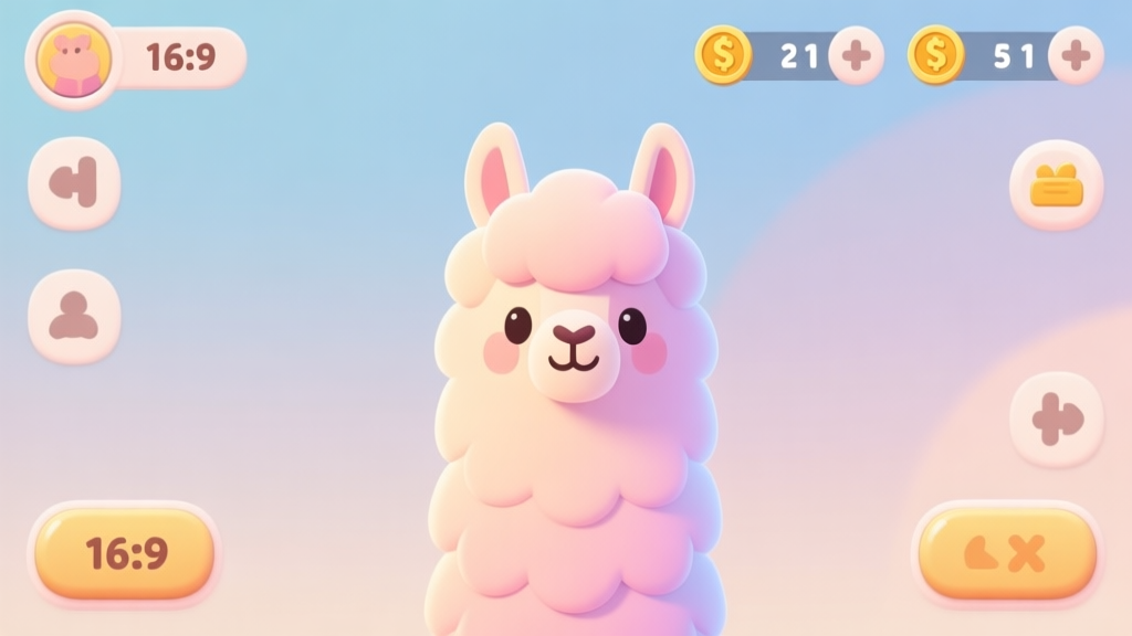 Cute cartoon llama character in pastel colors, surrounded by simple game UI elements like buttons and currency counters, soft background with gentle gradients high quality illustration, detailed, 16:9