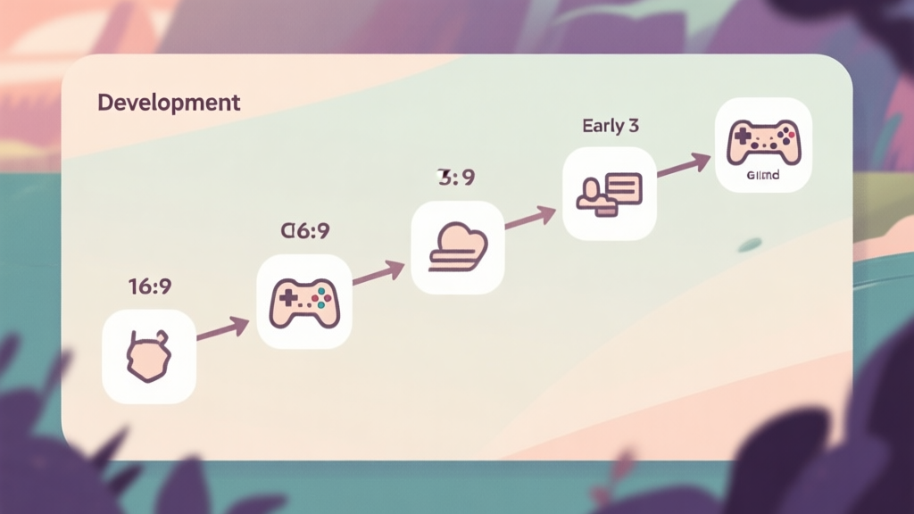 Step-by-step progression diagram showing game development from early to endgame, with simple icons representing different phases, soft color palette high quality illustration, detailed, 16:9