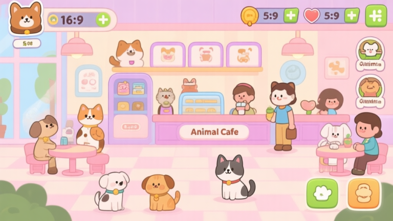 自动生成图片: Cute animal cafe game interface showing various pets and customers, pastel color scheme, cartoon style illustration high quality illustration, detailed, 16:9