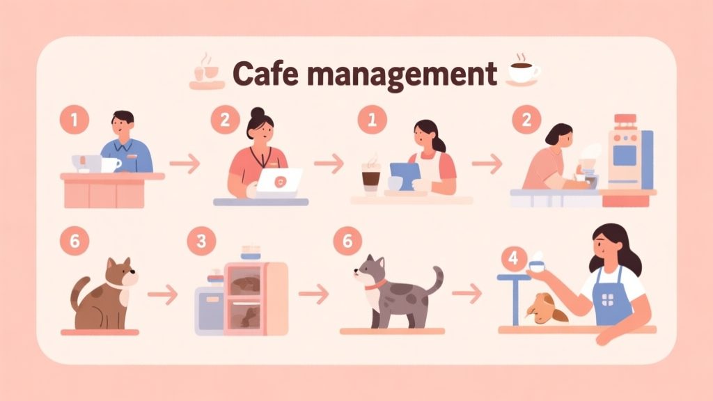 Step-by-step illustration of cafe management process, from customer service to animal care, using soft colors and clear numbered steps high quality illustration, detailed, 16:9