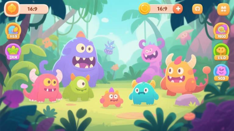 自动生成图片: Colorful mobile game interface showing various fantasy monsters in jungle environment, soft pastel colors, cartoon style illustration high quality illustration, detailed, 16:9