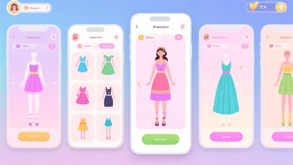 Colorful mobile game interface showing fashion dress-up screens with various costume options, soft pastel color palette, clean layout design high quality illustration, detailed, 16:9