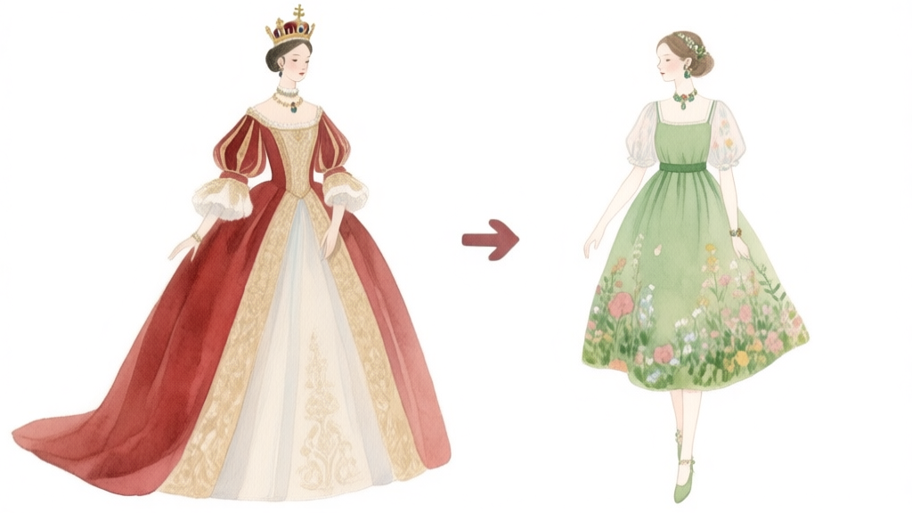 Side-by-side comparison of formal royal gown and casual garden dress outfits, showing color coordination and accessory matching, soft watercolor style high quality illustration, detailed, 16:9