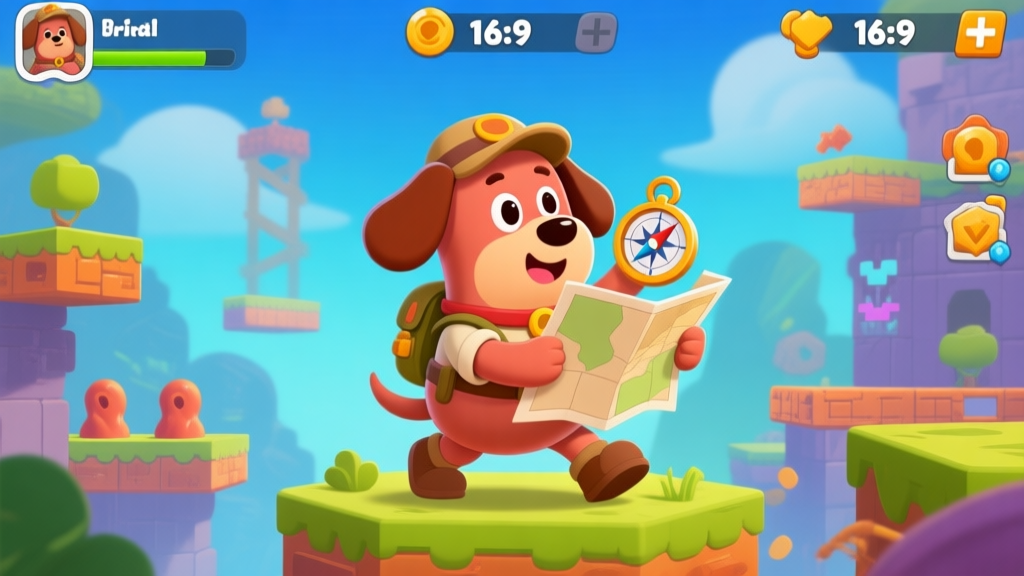 Cute cartoon sausage dog character in adventure pose, holding a map and compass, vibrant game environment with platforms and obstacles, mobile game interface elements visible high quality illustration, detailed, 16:9