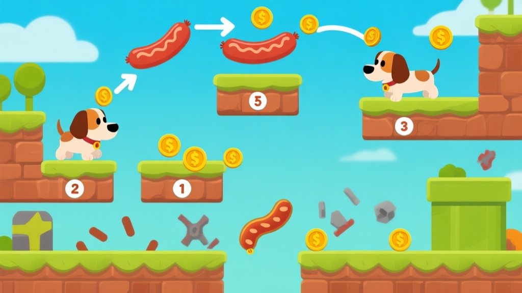 Step-by-step game level progression showing sausage dog navigating platforms, avoiding obstacles, and collecting coins, with numbered indicators for each movement sequence high quality illustration, detailed, 16:9