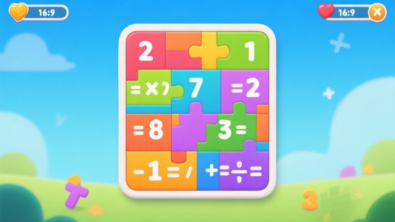 自动生成图片: Colorful math puzzle game interface showing numbers and equations, clean mobile game design with vibrant colors and mathematical symbols high quality illustration, detailed, 16:9