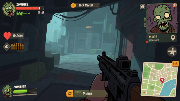 自动生成图片: Zombie survival game interface showing health bar, ammunition count, and mini-map, soft color palette with dark tones, first-person perspective high quality illustration, detailed, 16:9