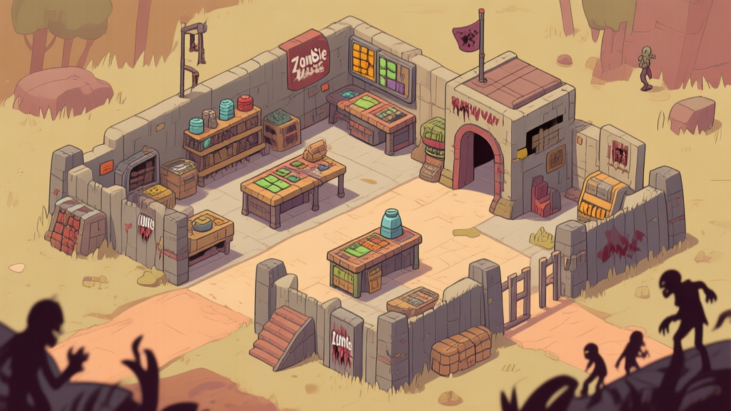 Zombie survival base building illustration showing resource management, crafting stations, and defensive structures, soft earth tones high quality illustration, detailed, 16:9