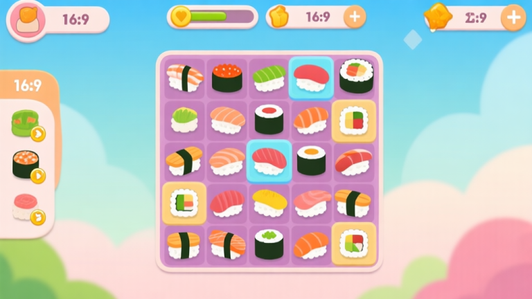 自动生成图片: Colorful mobile game interface showing sushi puzzle game with various sushi pieces, grid layout, and scoring elements, flat design style with soft pastel colors high quality illustration, detailed, 16:9