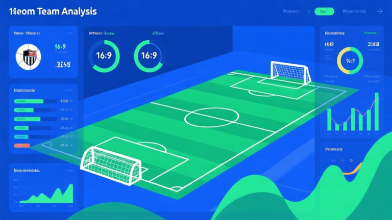 自动生成图片: Sports team analysis dashboard showing player attributes and performance metrics, minimalist design with blue and green color scheme, abstract data visualization high quality illustration, detailed, 16:9
