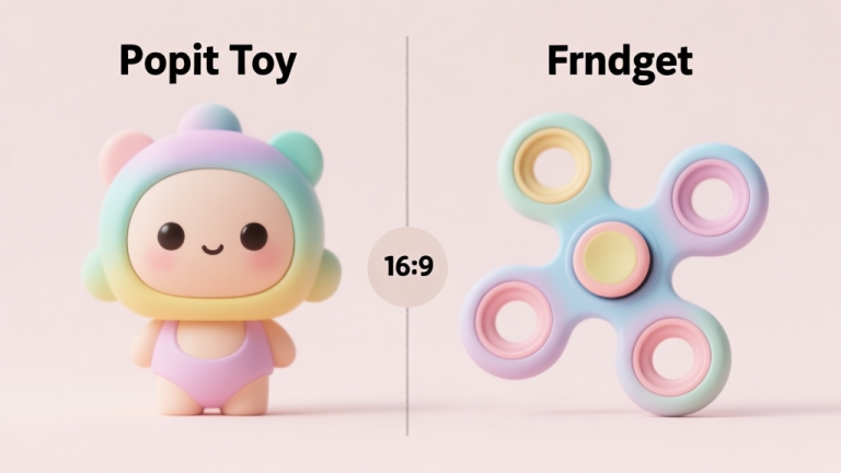 自动生成图片: Comparison infographic showing popit toy and fidget spinner side by side, soft pastel colors, clean minimalist design with sensory toy elements high quality illustration, detailed, 16:9