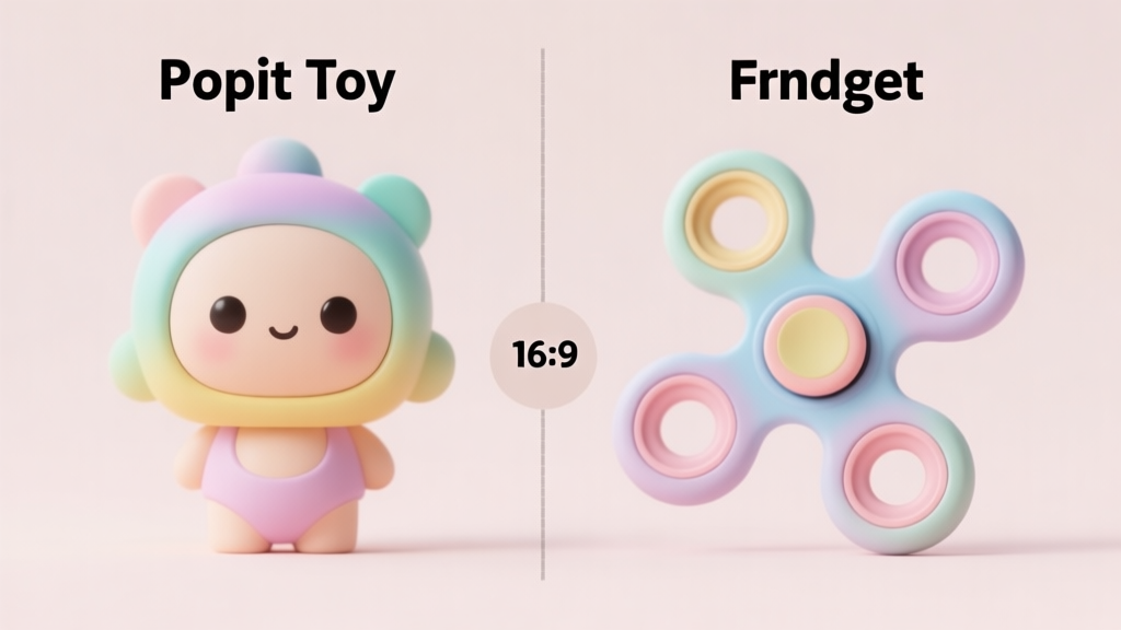 Comparison infographic showing popit toy and fidget spinner side by side, soft pastel colors, clean minimalist design with sensory toy elements high quality illustration, detailed, 16:9