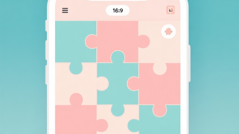 自动生成图片: minimalist game interface showing puzzle pieces fitting together, soft pastel colors, clean geometric shapes, mobile screen design high quality illustration, detailed, 16:9