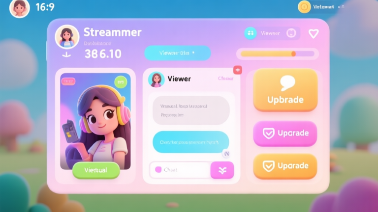 自动生成图片: Colorful mobile game interface showing virtual streamer dashboard with viewer count, chat box, and upgrade buttons, cartoon style with soft pastel colors high quality illustration, detailed, 16:9
