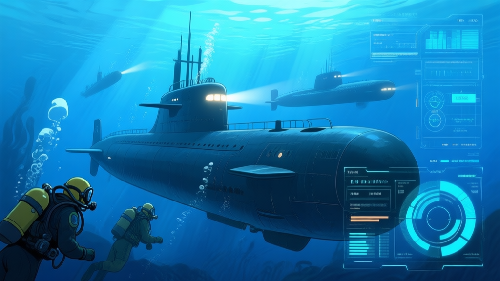 Underwater battle scene with submarines and divers, blue color palette with soft lighting, tactical HUD interface visible high quality illustration, detailed, 16:9