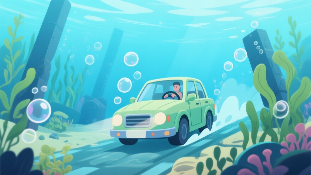 Underwater car driving scene with bubbles and aquatic plants, cartoon style with soft blue and green color palette, vehicle navigating through underwater obstacles high quality illustration, detailed, 16:9