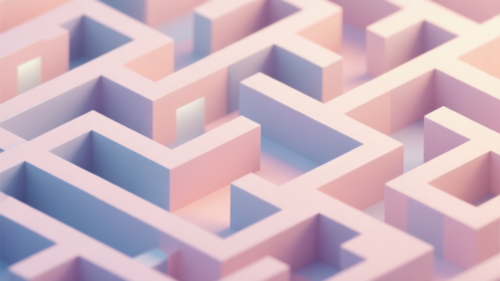 Three-dimensional maze structure with multiple pathways and levels, soft lighting, pastel color scheme, abstract geometric design high quality illustration, detailed, 16:9