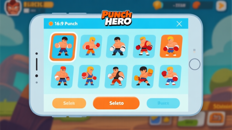 自动生成图片: Punch Hero game interface showing character selection screen with multiple fighter options, clean mobile game design with soft blue and orange color scheme high quality illustration, detailed, 16:9