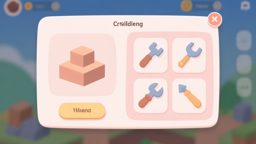 minimalist game interface showing crafting menu and building tools, soft pastel colors, clean design with subtle shadows high quality illustration, detailed, 16:9
