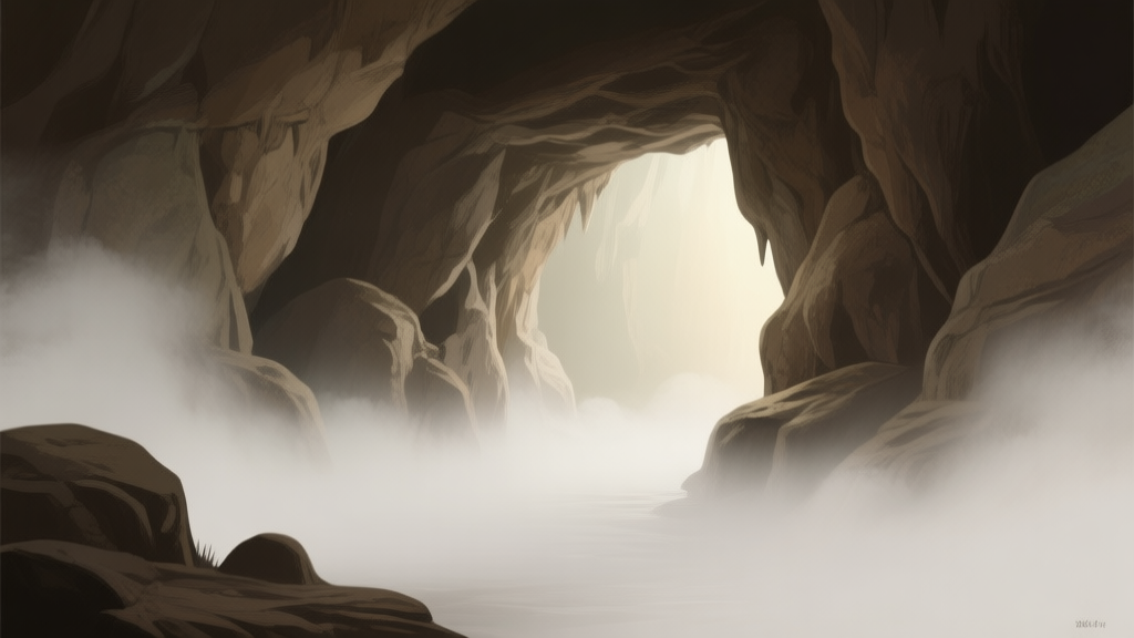 Mysterious cave entrance surrounded by thick white mist, soft lighting from within the cave, natural rock formations, atmospheric and slightly eerie mood, muted earth tones high quality illustration, detailed, 16:9
