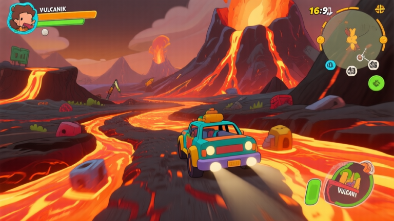 自动生成图片: Car Eats Car Vulkanik game screenshot showing cartoon vehicle driving through volcanic landscape with lava flows and obstacles, vibrant colors but not too bright high quality illustration, detailed, 16:9